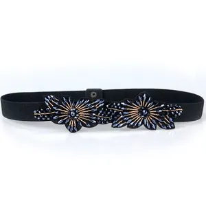 Elegant black elastic waist belt with dark blue beaded floral accents for women