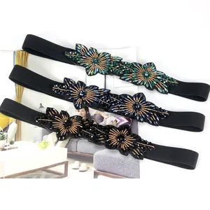 Elastic waist belts with three beaded flowers and sequins in blue, green, and black set