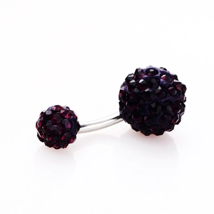 Silver curved navel piercing with dark purple crystal encrusted double balls