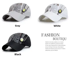 Détail de casquettes de baseball en maille à séchage rapide avec imprimé journal en gris et noir