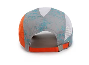 Rear view of quick-dry kids baseball cap with mesh panels and adjustable orange strap