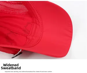Détail macro du bandeau de 3 cm et du filet respirant à l'intérieur de la casquette rouge