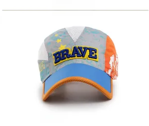 Detail view of quick-dry mesh baseball cap with BRAVE 3D embroidery and multicolor design