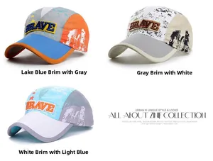 Detailed view of quick-dry kids baseball caps with mesh vents and 'BRAVE' embroidery