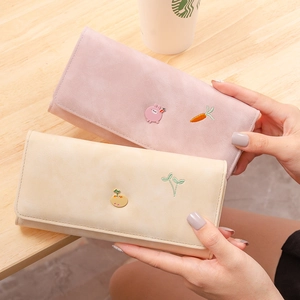 Long casual women's wallet with cute pig embroidery in pink and beige faux leather