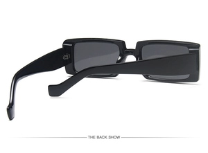 Rear view of sleek black rectangular sunglasses showing durable frame and temple joints