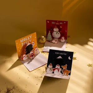 Cartes de Noël 3D détaillées avec bonhomme de neige et renne sous une lumière chaude