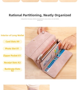 Detail view of pink long wallet interior with nine card slots and zipper compartment