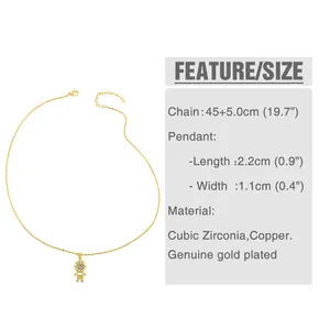 Size chart for gold-plated snake chain necklace with zircon boy pendant details