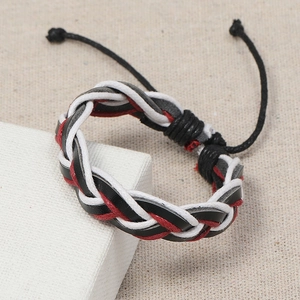 Minimalist woven leather couple bracelet with adjustable drawstring in black red and white