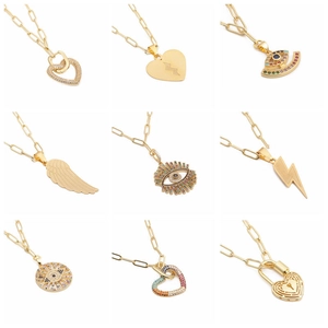 Hip Hop gold paperclip chain necklaces with nine assorted cubic zirconia heart pendants