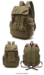 Detailed view of army green canvas backpack with leather straps and metal buckles