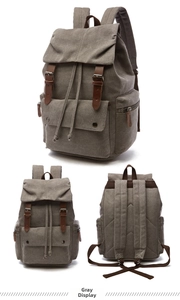 Three-view display of grey canvas backpack showing front, side and padded back straps