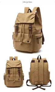 Detailed multi-angle views of coffee canvas backpack with leather straps and drawstring