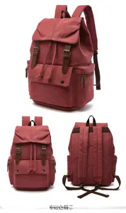 Multi-angle views of burgundy canvas backpack with leather straps and drawstring closure