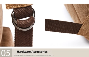 Close-up of durable metal D-ring and brown woven strap on a canvas backpack