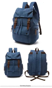 Detail shots of deep blue canvas backpack with retro leather straps and drawstring closure