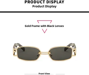 Detailed front view of gold metal frame rectangular sunglasses with black-gray lenses