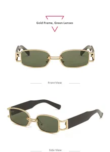 Detailed views of vintage small frame sunglasses with gold temples and green lenses