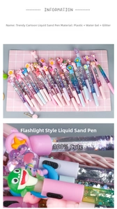 Detailed macro view of the colorful glitter liquid pen with LED flashlight function