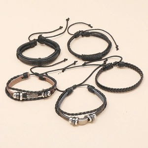 5-piece set of black braided leather bracelets with adjustable charms for men and women