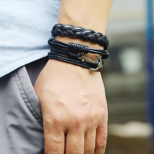 Handmade vintage black leather anchor bracelet for men with multi-strand braided design