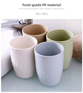 Detail of four matte pastel PP cups showing water droplets and heat resistance properties