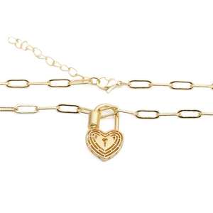 HipHop gold paperclip chain necklace featuring a zircon heart lock pendant for women