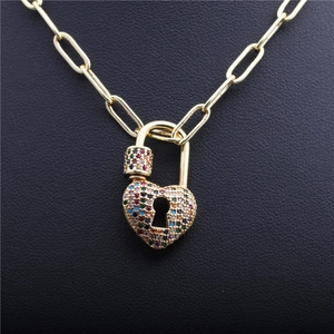Gold hip hop paperclip chain necklace with a colorful zircon pavé heart lock pendant