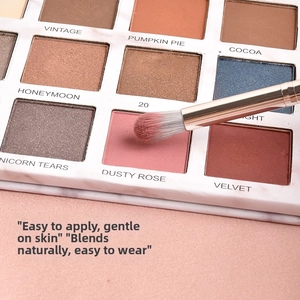 Détail macro d'un pinceau estompeur doux prélevant de la poudre sur une palette yeux