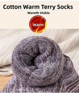 Close-up of thick terry loop texture on warm cotton winter socks in brown and white