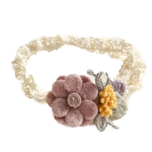 Infant lace headband with handmade warm-toned felt flowers in dusty pink and yellow