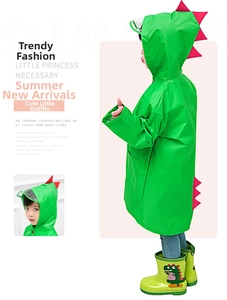 Detail of green dinosaur raincoat for kids with 3D red fins and matching rubber rain boots