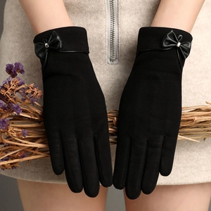 Elegant black thermal gloves for women with leather bow detail and metal buckle accent