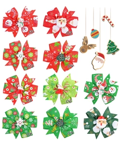 Detailed grid of 10 Christmas ribbon hair clips with Santa and snowman resin charms
