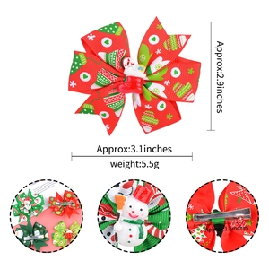 Christmas ribbon bow hair clip with festive patterns and sizing details for girls