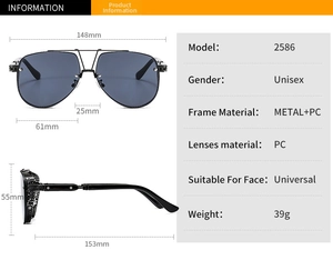 Detailed size specifications and measurements of metal mesh sunglasses model 2586