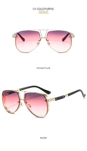Detail of pilot sunglasses with gold metal frame, purple gradient lens, and mesh design