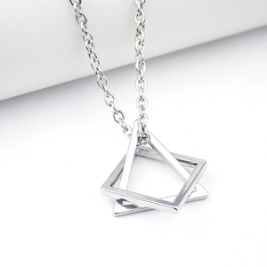 Minimalist silver geometric necklace with interlocking triangle and square pendants