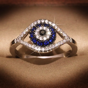 Elegant S925 sterling silver evil eye ring with blue crystal and white cubic zirconia
