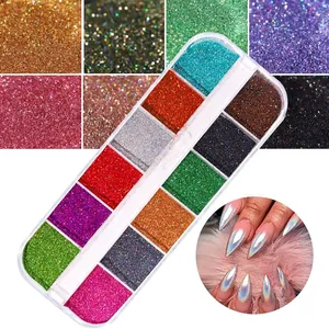 12-color holographic nail art glitter set with laser heart sequins in a clear plastic box