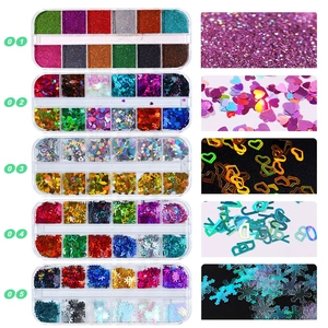 5-pack nail art sequins set with heart and letter shapes in 12-grid storage boxes