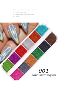 Detailed view of 12-grid colorful holographic nail art sequins on fingertips and in box