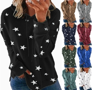 Collage of long-sleeve hoodies with star prints available in nine different colors