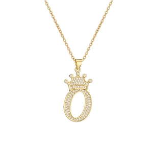 Close-up of gold-plated crown letter O pendant necklace with sparkling zircon micro-paving