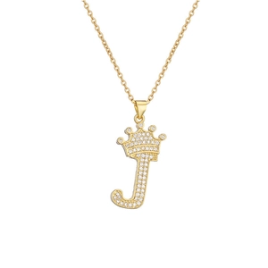 Close-up of gold crown necklace with letter J pendant and micro-set zircon stones