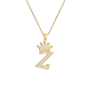 Detailed view of gold plated crown letter Z pendant necklace with sparkling zircons
