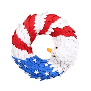 Patriotic American flag eagle wreath with red, white and blue feathers for front door decor