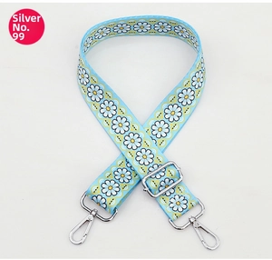 Detail of adjustable sky blue daisy print bag strap with silver metal swivel hooks