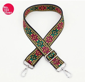 Detail of adjustable geometric strap with silver metal hooks for crossbody bags